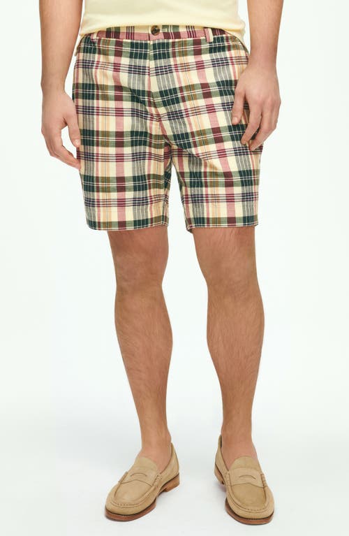 Shop Brooks Brothers Plaid Flat Front Cotton Madras Shorts In Khakimulti