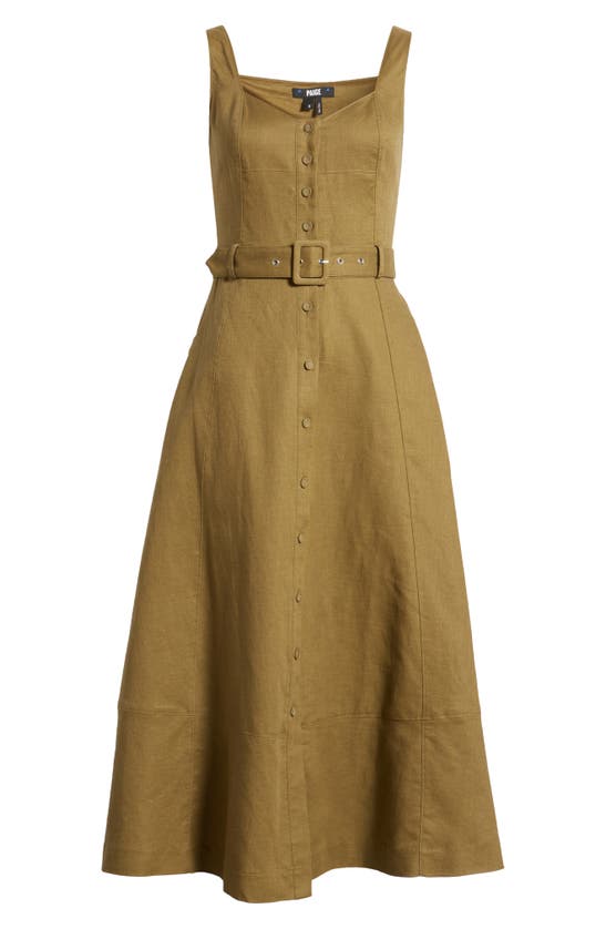 Shop Paige Arienne Sleeveless Belted Linen & Cotton Midi Dress In Military Green
