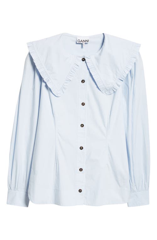 Shop Ganni Organic Cotton Poplin Ruffle Peter Pan Collar Button-up Shirt In Heather