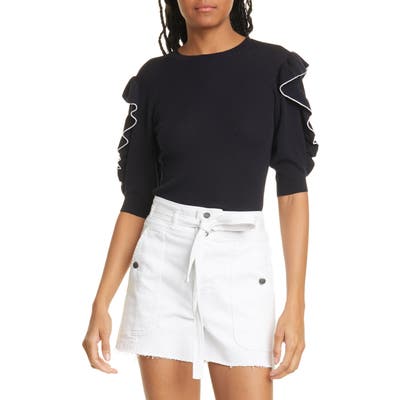 Frame Ruffle Puff Sleeve Merino Wool Sweater, Blue