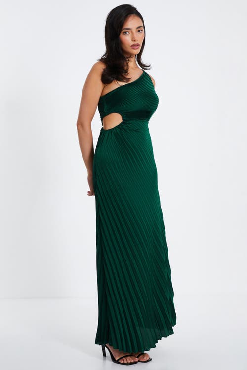 Shop Quiz Satin Pleated One Shoulder Maxi Dress In Bottle Green