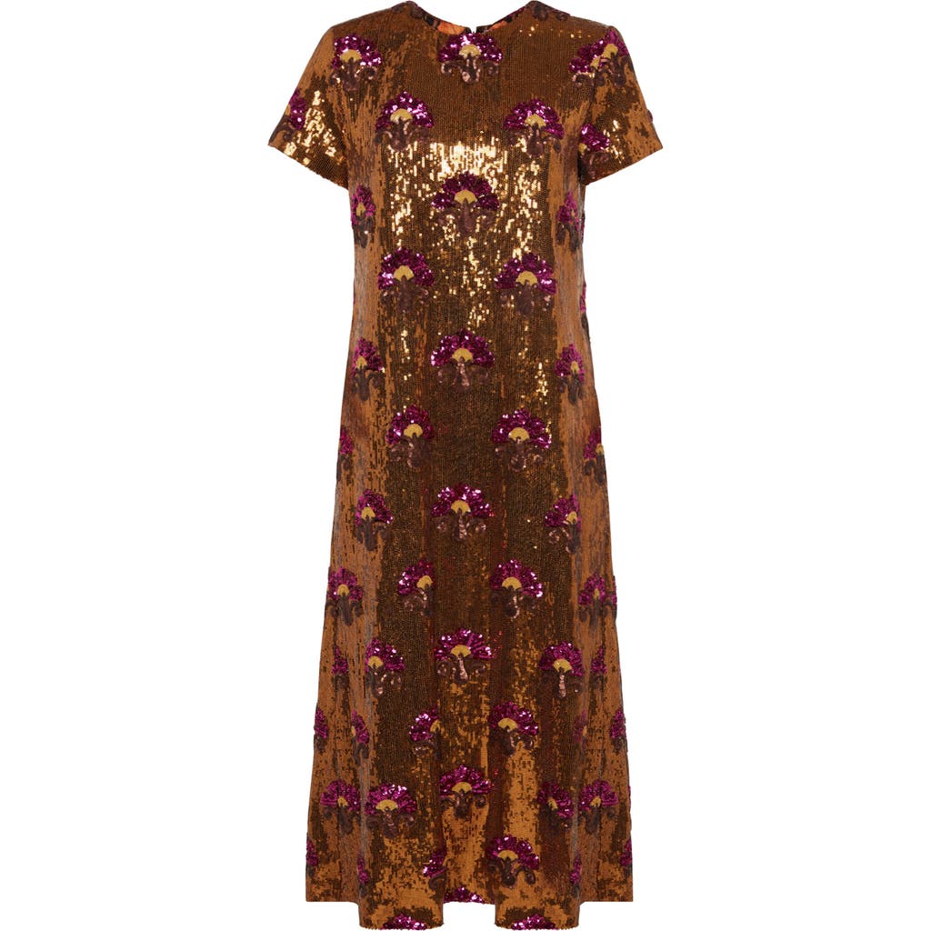 La Doublej Embellished Super Swing Dress In Textured Sequins Rust