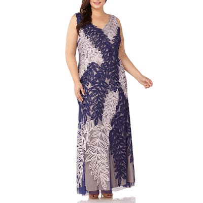 Plus Size Js Collections Two-Tone Embroidered Leaf Gown, Blue