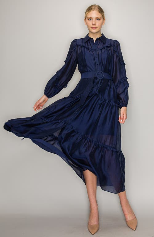 Shop Melloday Ruffle Belted Long Sleeve Maxi Shirtdress In Midnight Blue