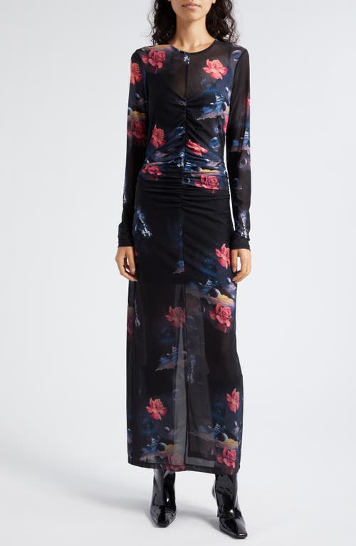 Ganni Floral Celestial Print Long Sleeve Mesh Maxi Dress Black at Nordstrom, Us