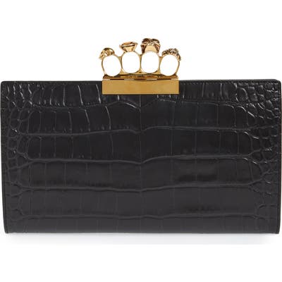 Alexander Mcqueen Croc Embossed Leather Knuckle Clutch - Black