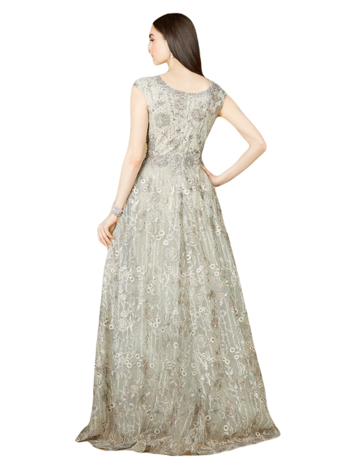 Lara New York Cap Sleeve V-neck Lace A-line Gown In Slate