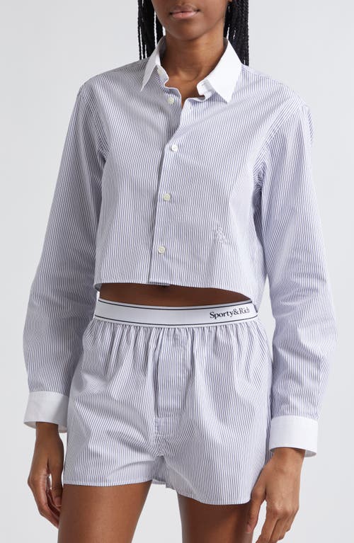 Shop Sporty And Rich Sporty & Rich Src Embroidered Stripe Cotton Crop Button-up Shirt In White/navy Thin Stripe