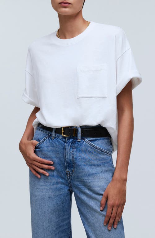 Garment-Dyed Oversize Cotton Pocket T-Shirt in Eyelet White