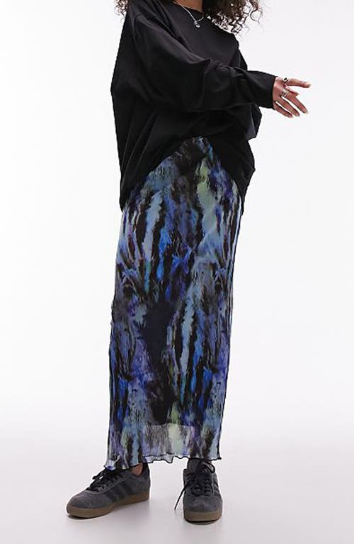 Abstract Print Plissé Maxi Skirt in Mid Blue