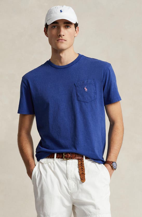 Shop Polo Ralph Lauren Cotton & Linen Pocket T-shirt In Beach Royal