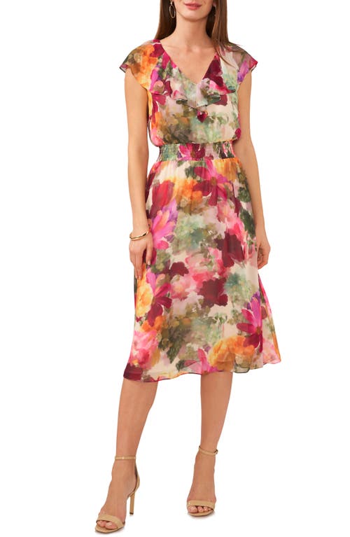 Vince Camuto Watercolor Floral Smocked Waist Midi Dress Antique White at Nordstrom