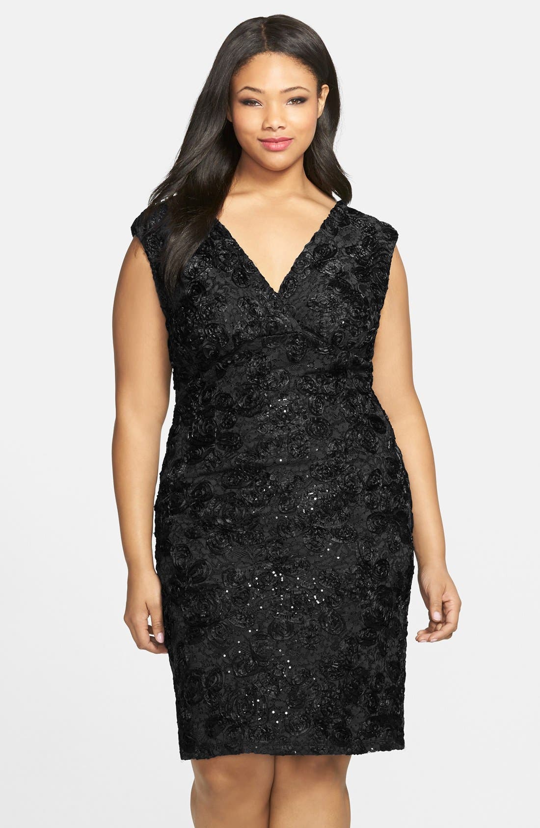 Marina Embroidered Rosette Sequin Lace Double VNeck Sheath Dress (Plus