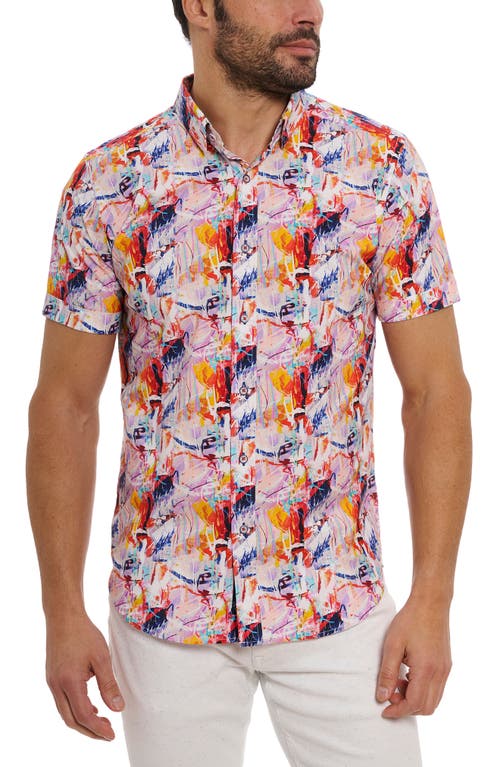 Ledger Abstract Print Short Sleeve Button-Up Shirt in Pink Multi