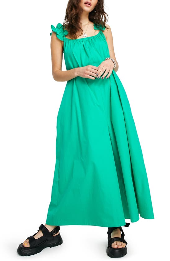 Topshop Frill Sleeve Cotton Palazzo Jumpsuit In Mid Green ModeSens