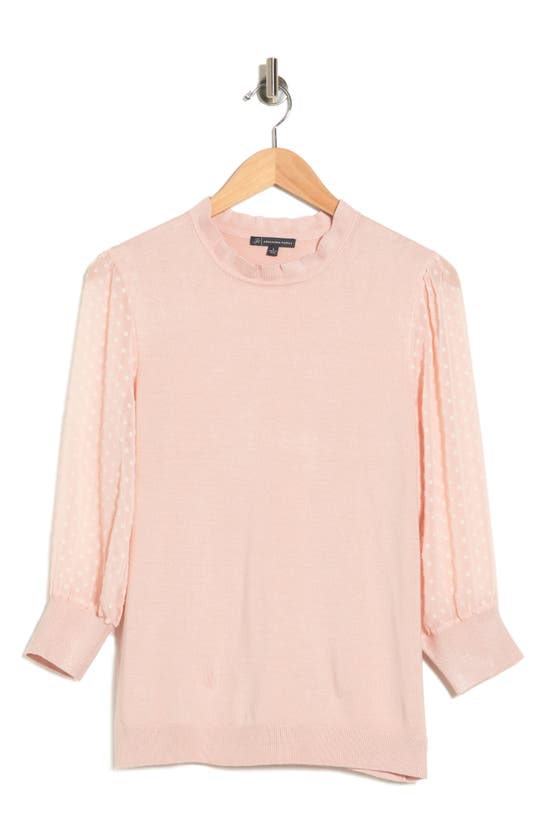 Adrianna Papell Ruffle Neck Lace Sleeve Sweater In Pearl Blush