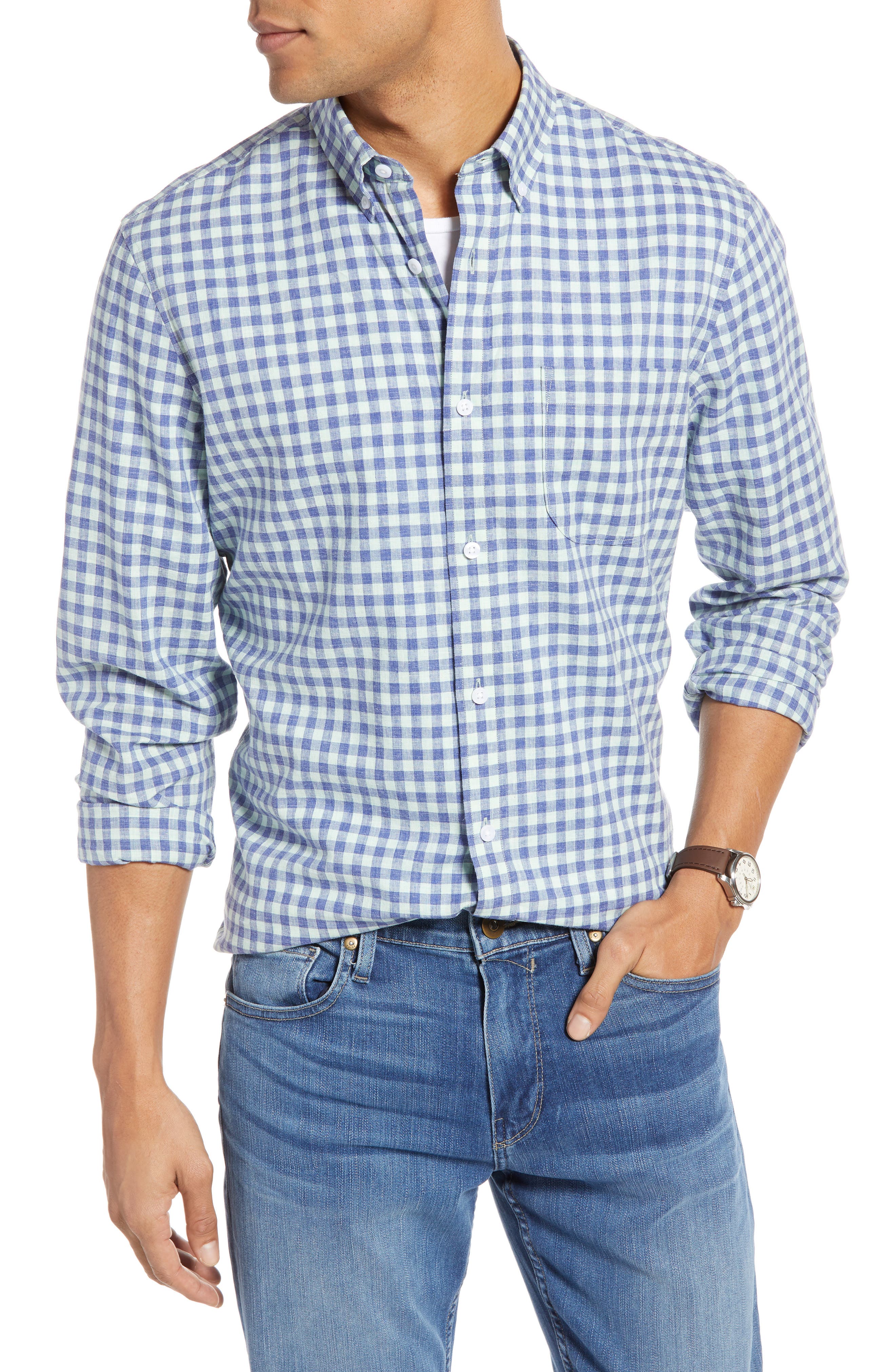 1901 Heather Gingham Linen Blend Slim Fit Sport Shirt, Blue/green