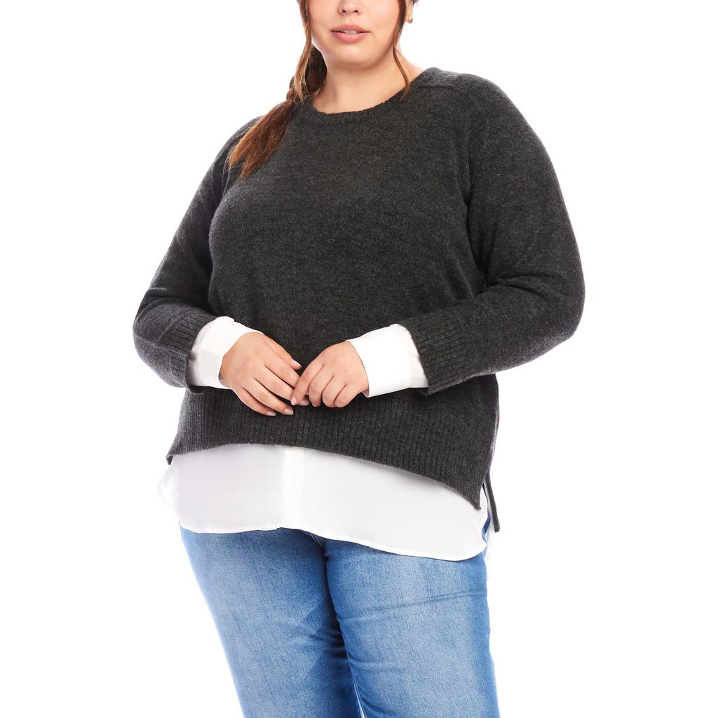 Karen Kane Mixed Media Layered Crewneck Sweater In Charcoal