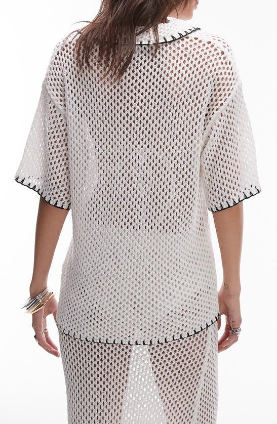 Shop Topshop Openwork Short Sleeve Button-up Shirt In Cream