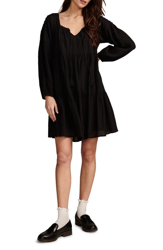 Lucky Brand Embroidered Long Sleeve Tiered Cotton Dress In Caviar