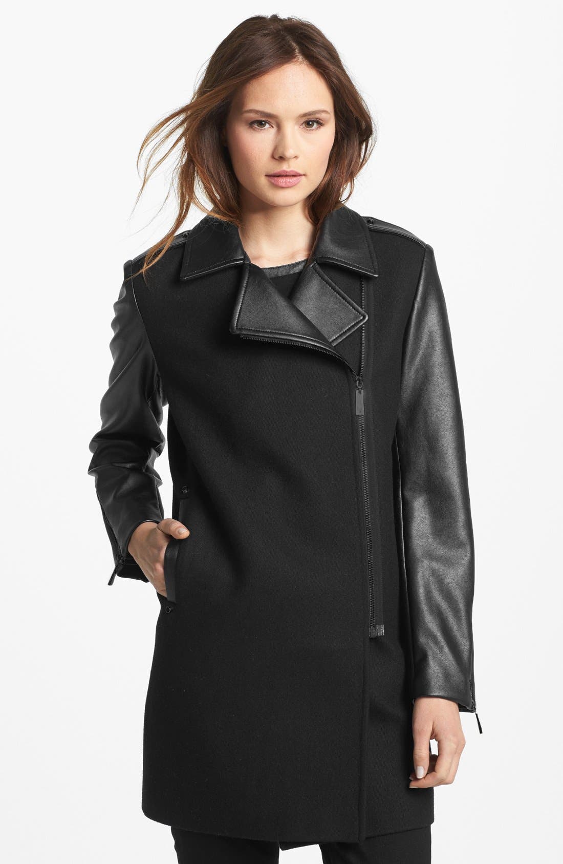Vince Camuto Asymmetrical Zip Wool Blend & Faux Leather Coat Nordstrom