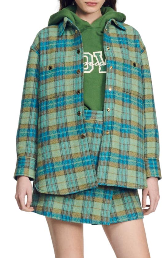 Sandro Wool Check Shirt Jacket In Blue / Yellow