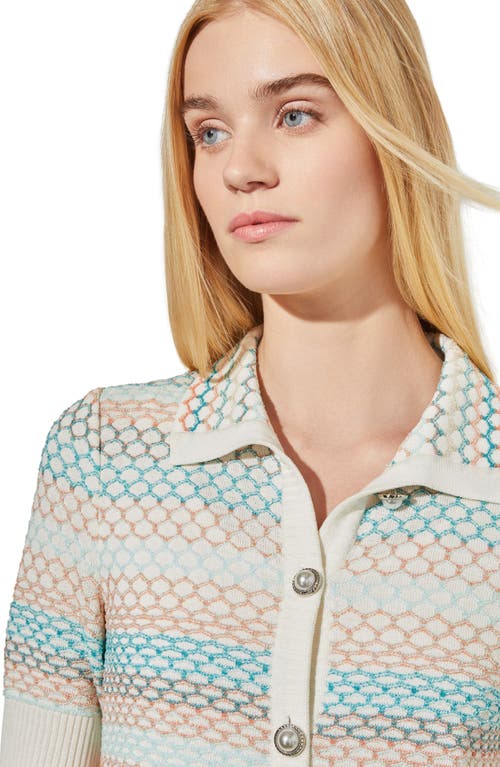 Ming Wang Short Sleeve Knit Jacket In White/coral Sand/oceanfront