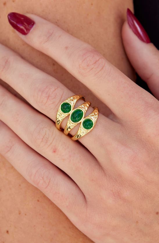 Savvy Cie Jewels Triple Cz Split Shank Ring In Yellow Gold/ Green