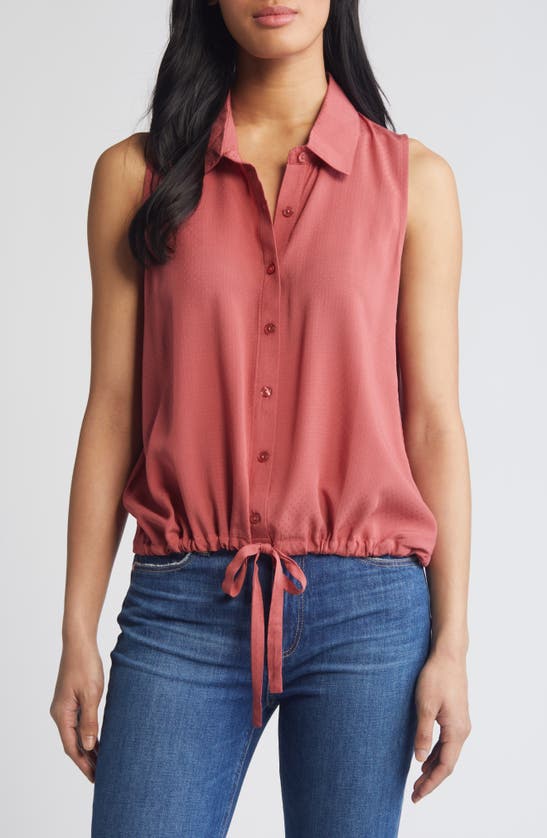 Shop Bobeau Drawstring Waist Sleeveless Button-up Top In Mineral Red