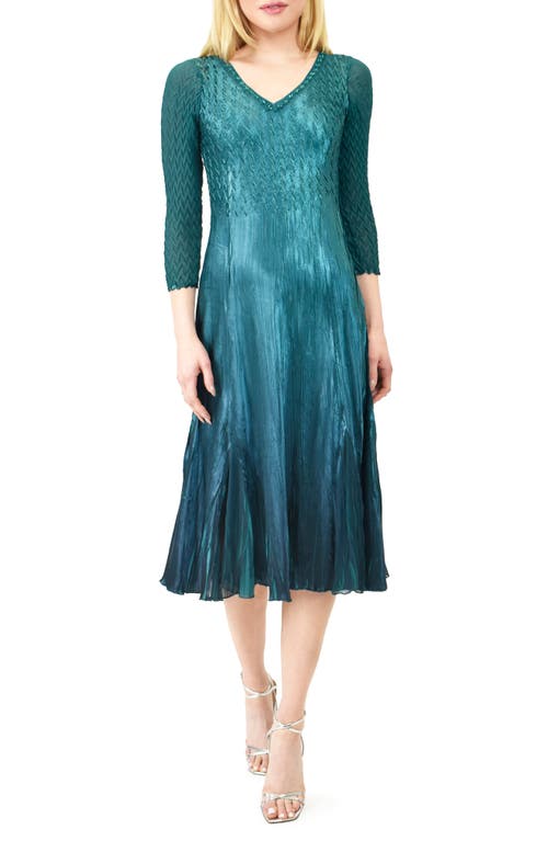 Beaded Neck Chiffon & Charmeuse Midi Dress in True Emerald Bluombr