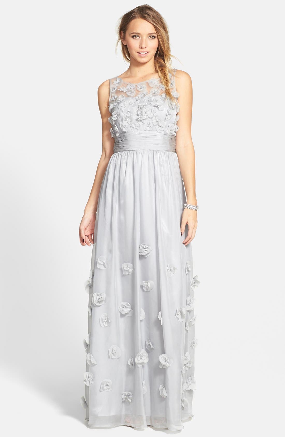 floral appliqué chiffon gown