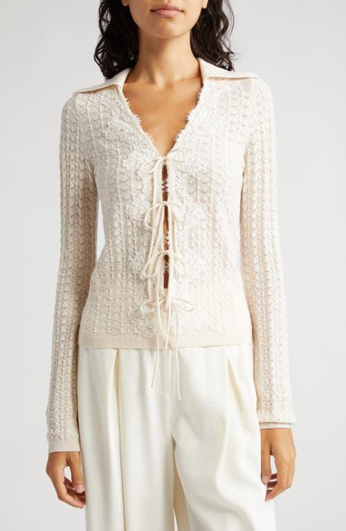 Sea Kyra Pointelle Tie Front Wool Cardigan in Cream at Nordstrom, Size X-Small