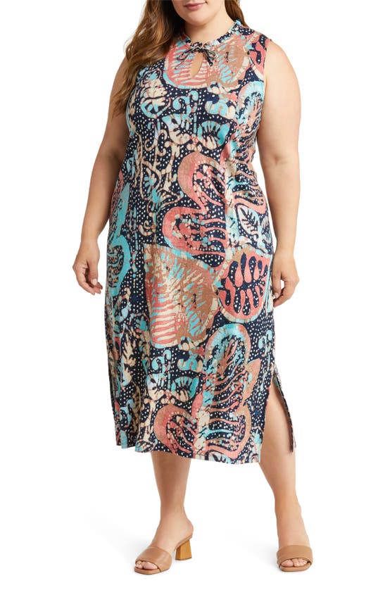 Nic + Zoe Batik Stamp Linen Blend Midi Dress In Indigo Multi | ModeSens