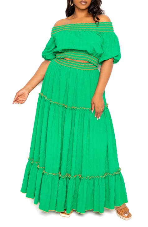 Smocked Off the Shoulder Puff Sleeve Top & Maxi Skirt Set (Plus Size)