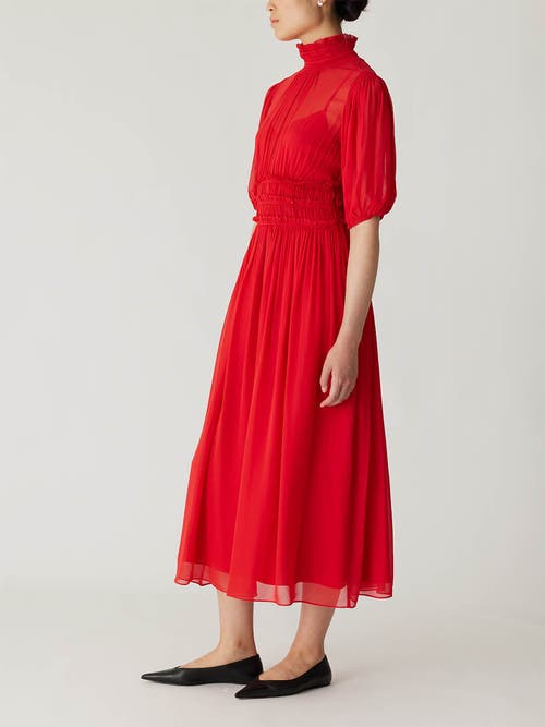 Shop Rebecca Taylor Viscose Chiffon Smocked Waist Dress In Red Lip