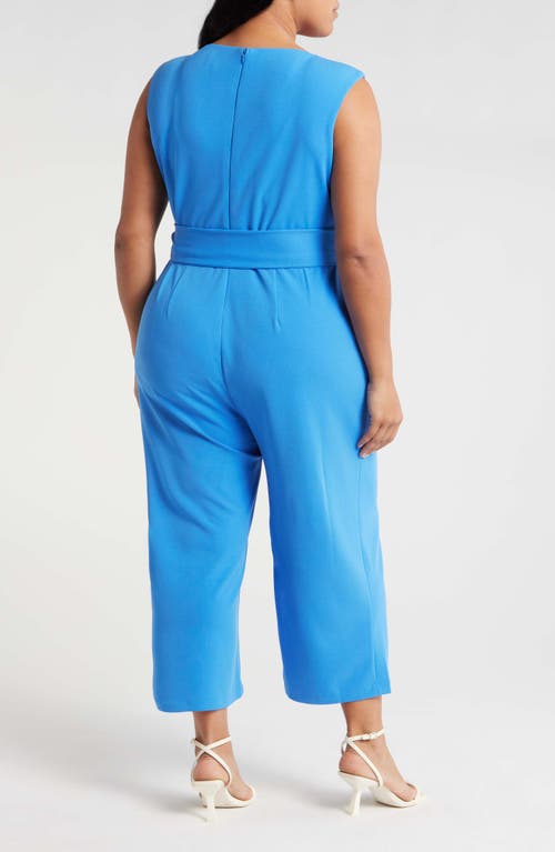 Shop Tahari Asl Side Tie Scuba Crepe Crop Wide Leg Jumpsuit In Summer Sky