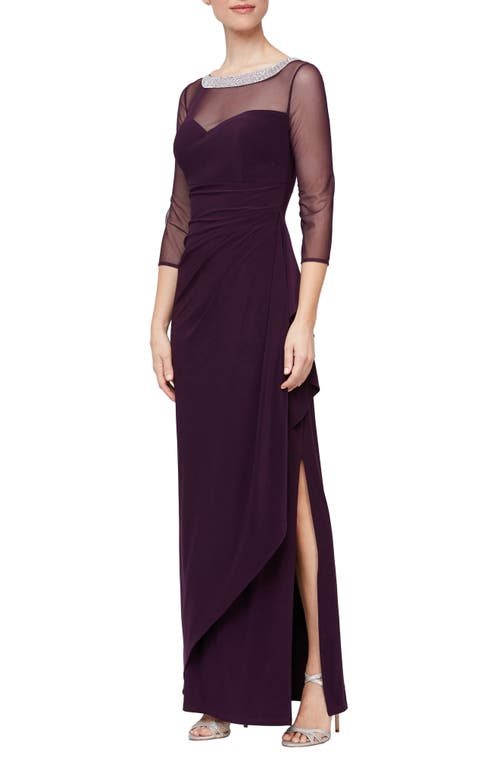 Alex Evenings Illusion Sleeve Side Ruched Gown Eggplant at Nordstrom,