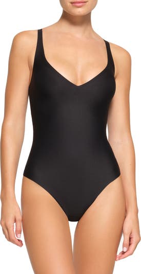 SKIMS BODY UNLINED PLUNGE THONG BODYSUIT, COCOA