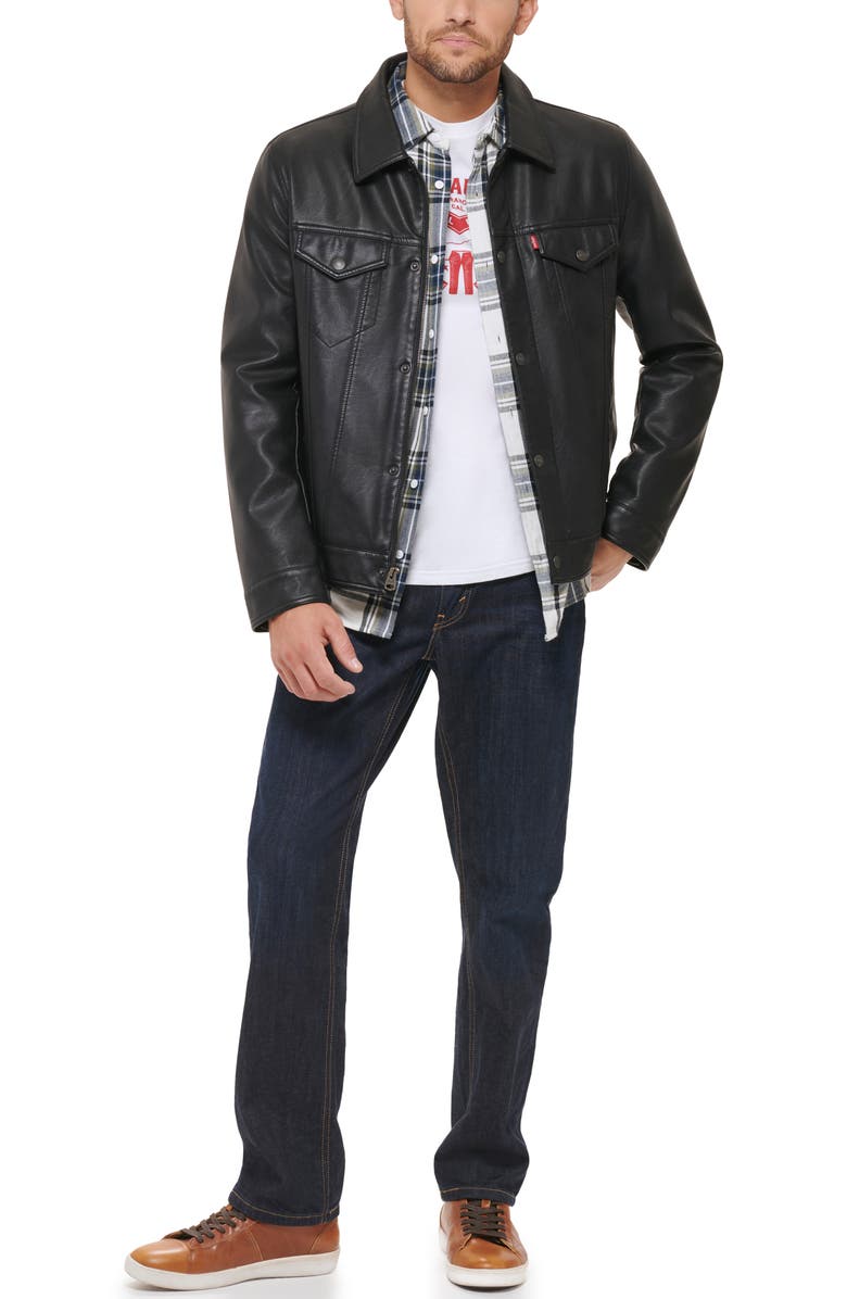Levi's<sup>®</sup> Faux Leather Trucker Jacket, Alternate, color, Black