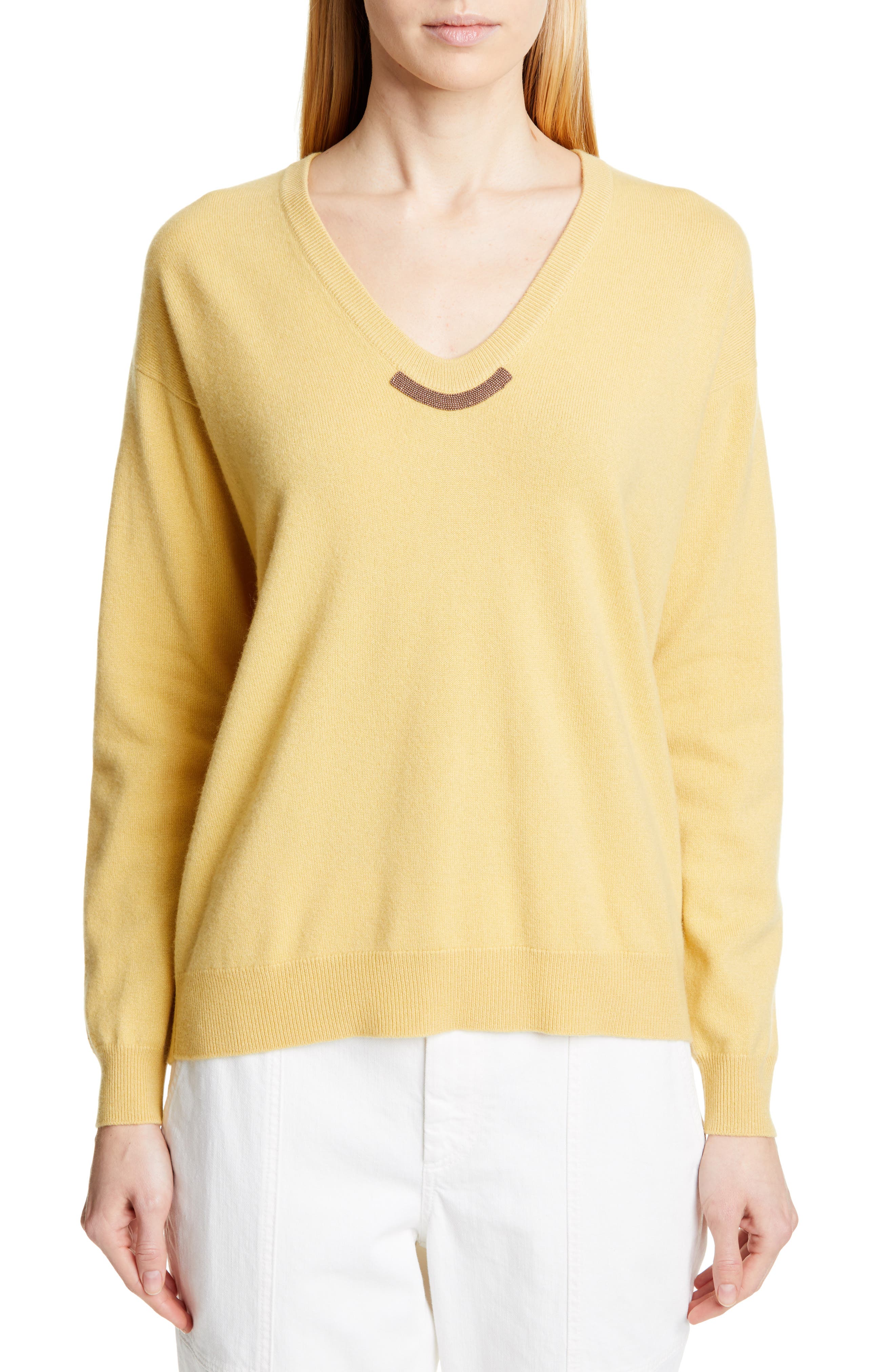 Brunello Cucinelli Monili Trim Wool, Cashmere & Silk Sweater, Yellow