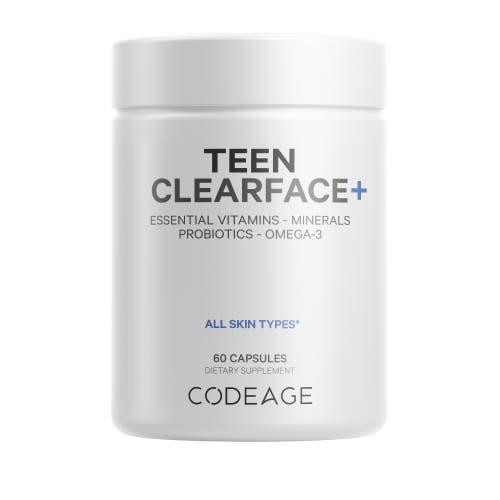 Codeage Teen Clearface, Vitamins A, C, D3, E, Pantothenic Acid, Niacin, Zinc, Probiotics, Omega-3, 60 ct in White 