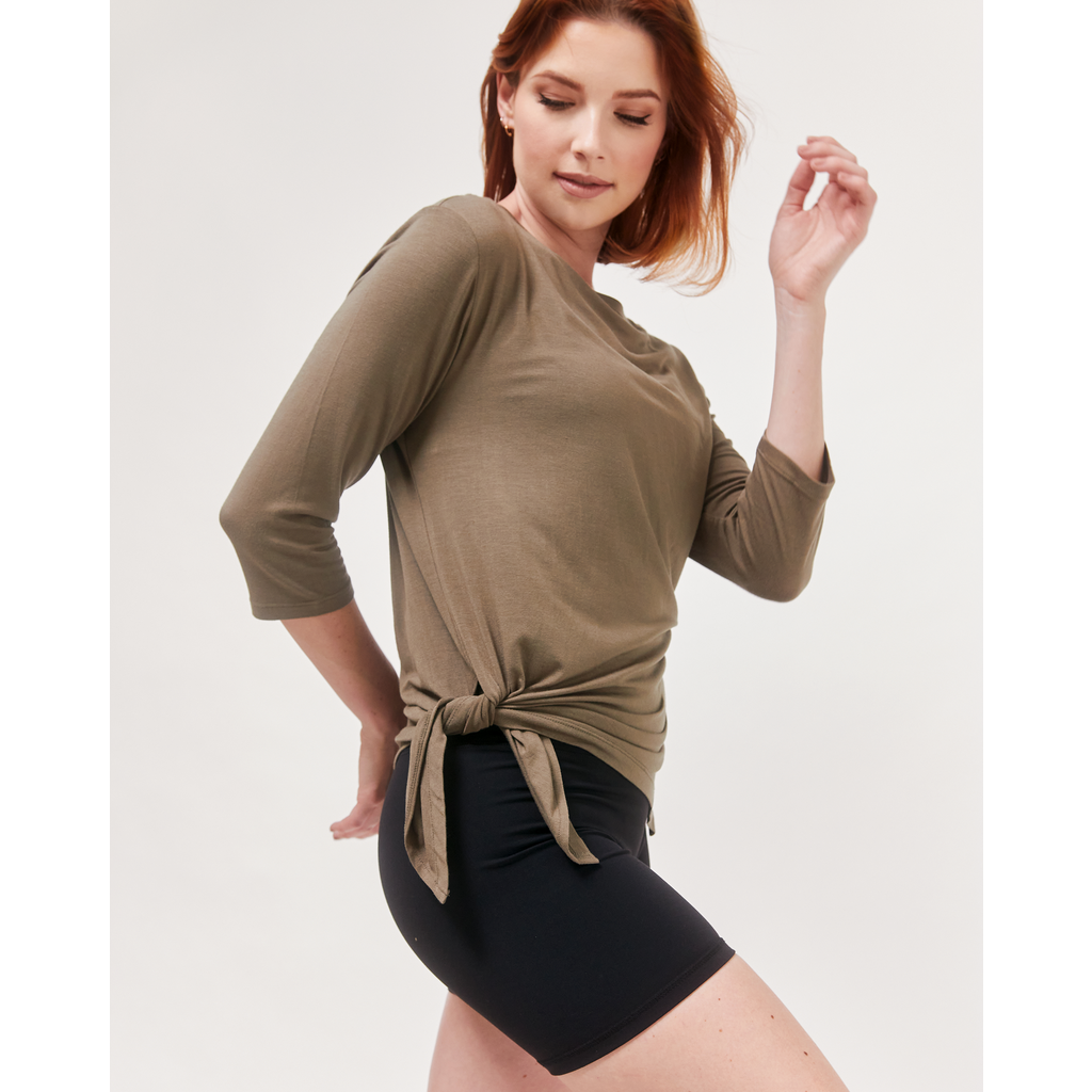 Rebody Active Anen Side Tie 3/4 Sleeve Top In Army Sage
