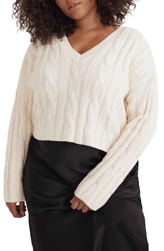 Madewell Cable Knit V-neck Crop Sweater In Antique Cream