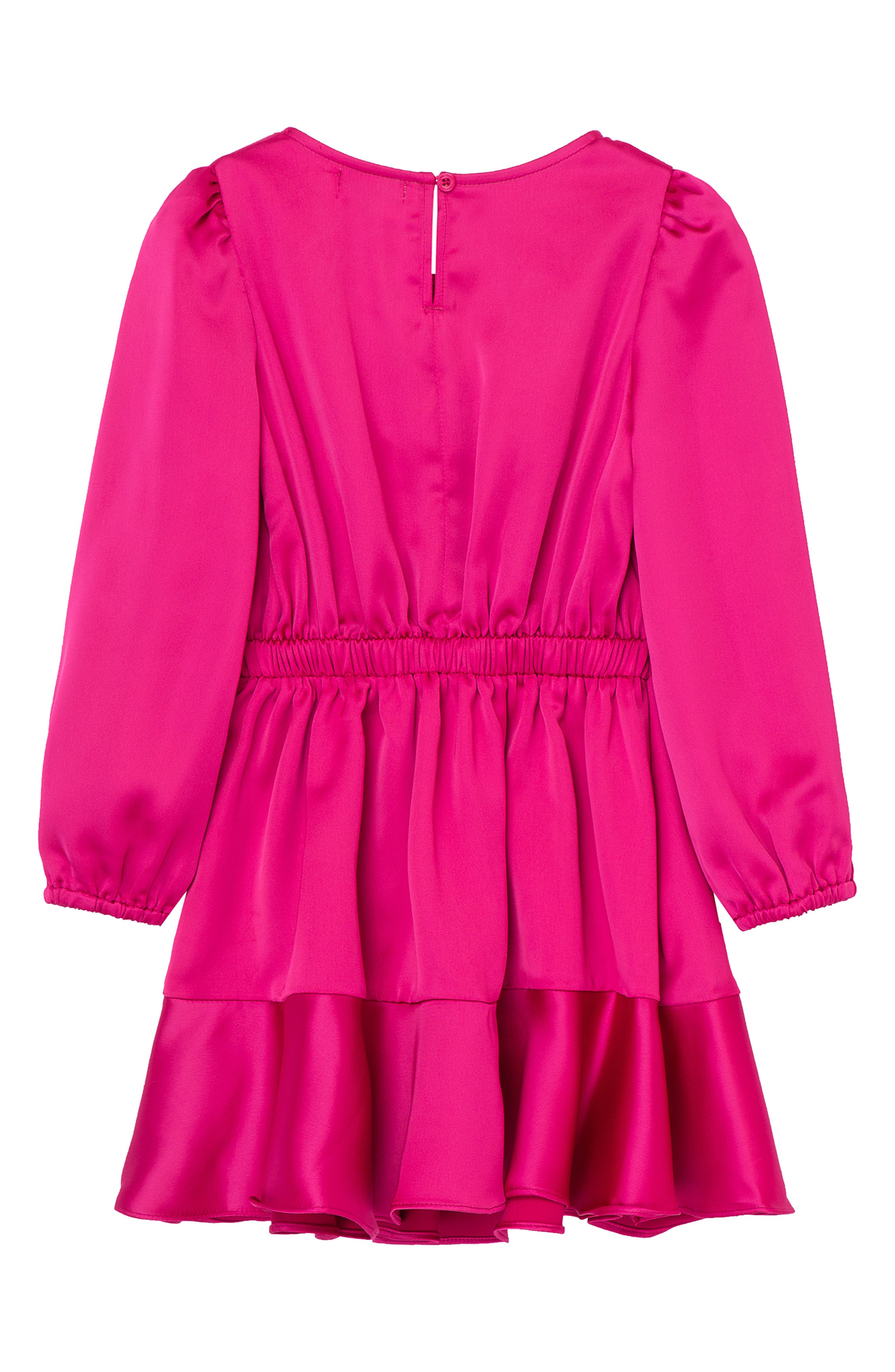 Nordstrom Clothing Dresses Long Sleeve Dresses Kids Ruffle Long Sleeve Satin Faux Wrap Dress in Dark Pink at Nordstrom 
