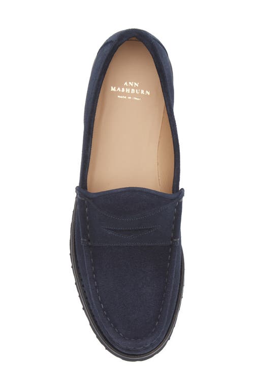 Ann Mashburn Lug Sole Penny Loafer In Navy Suede