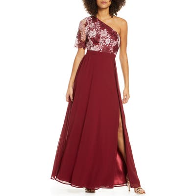 Chi Chi London Saffy One-Shoulder A-Line Gown, Burgundy