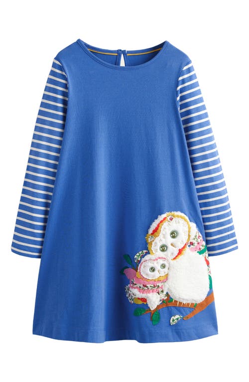 Mini Boden Kids' Owl Appliqué Long Sleeve Cotton Dress in Delft Blue Owls at Nordstrom, Size 4-5Y