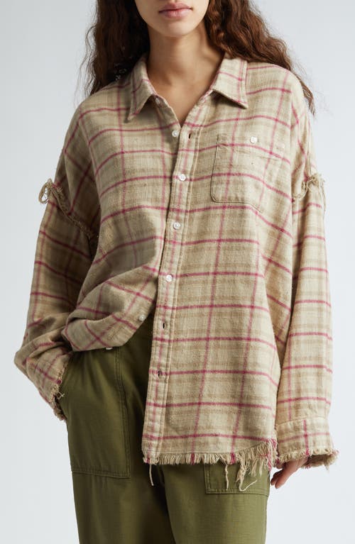 Shop R13 Shredded Seam Plaid Oversize Cotton Flannel Button-up Shirt In Overdyed Ecru/pink Plaid