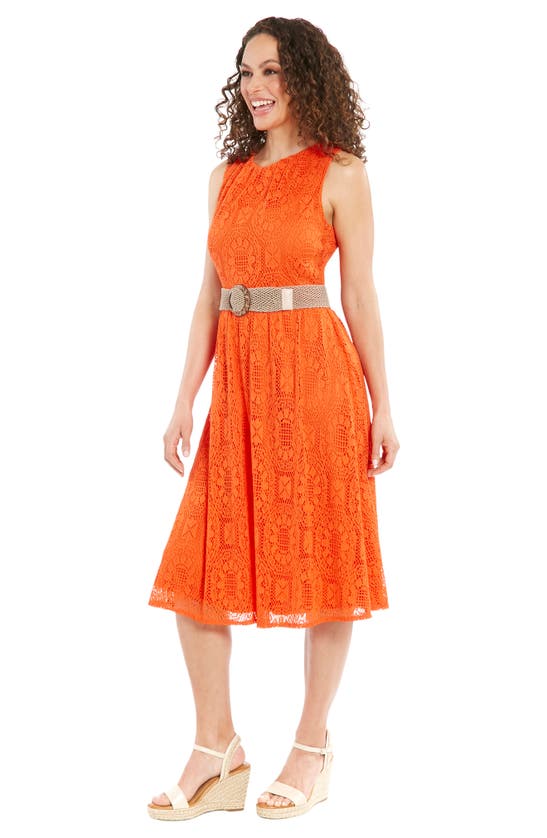 Shop London Times Lace Sleeveless Belted Fit & Flare Dress In Orange