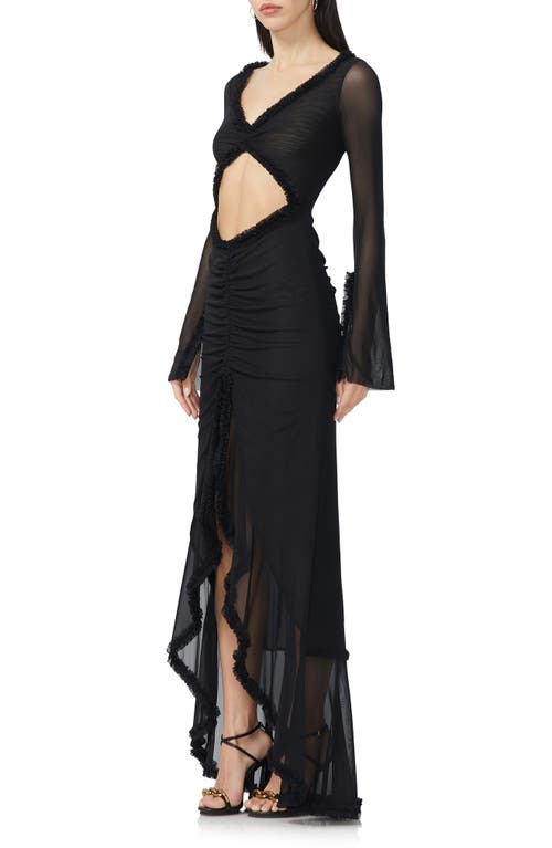 Shop Afrm Cat Ruched Semisheer Long Sleeve Cutout High-low Hem Maxi Dress In Noir